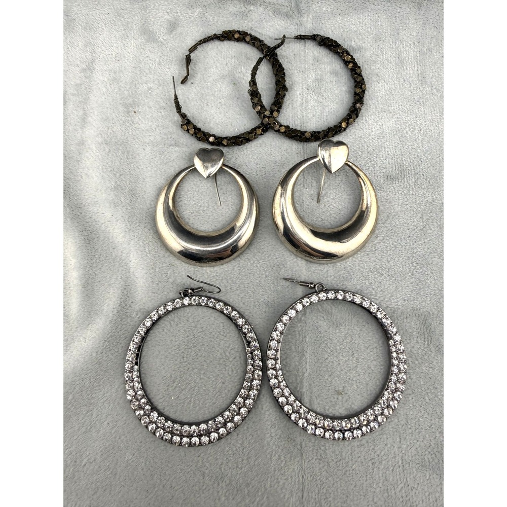 Vintage Estate Hoop Earrings Lot Rhinestone Heart 3 Pairs